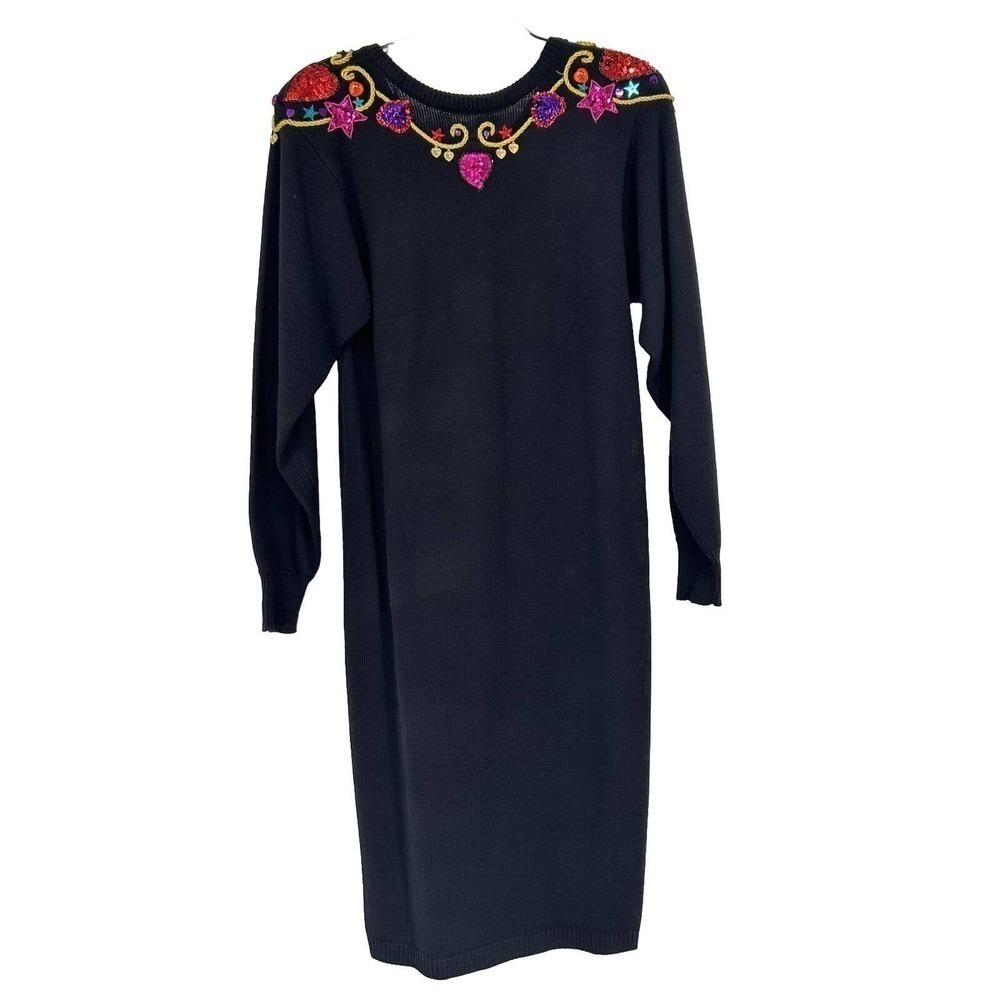Vintage 80s Plain Jane Black Sweater Dress Embellished Sequins Midi Length M